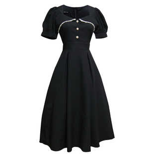 2021简约复古黑色经典款连衣裙宫廷风收腰显瘦法式中长裙赫本女夏