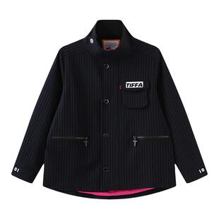 闭店NO退换TIFFAFit女蓝色条纹立领A字宽松版型休闲外套