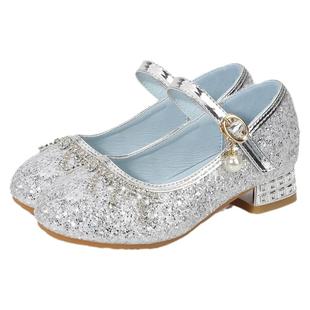 女童高跟鞋配礼服演出水晶小女孩学生软底蓝色皮鞋艾莎公主儿童鞋