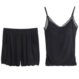 2件套夏季宽松螺纹莫代尔木耳边吊带背心短裤睡衣套装女罩杯一体