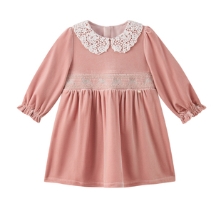 tartineetchocolat法国巧克力童装25秋冬新款女童蕾丝翻领连衣裙