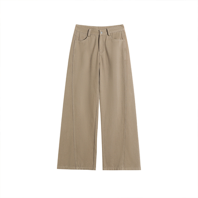 美式卡其色拼接阔腿牛仔裤