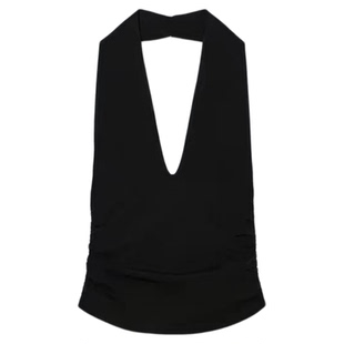 ZA外贸出口新品女装甜辣风打褶弹力紧身挂脖纯欲露背上衣3644310