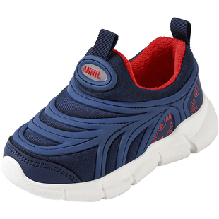 安奈儿男童毛毛虫鞋2025新款冬季加绒二棉鞋宝宝儿童一脚蹬运动鞋