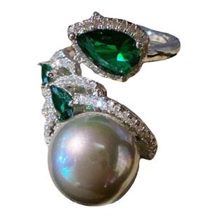 莫吉托绿宝石珍珠戒指 富婆的快乐 镀18K金 孔雀翅膀锆石珍珠戒指