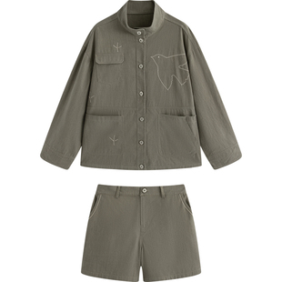 haiku x 胡沁迪 小鸟刺绣中性轻户外纯棉夹克风衣短裤套装