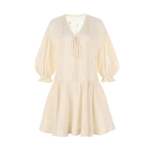 wana try纯棉韩系温婉条纹连衣裙2025新品羊脂米刺绣V领连衣裙女