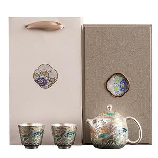 中式纯银999泡茶壶单壶功夫盖碗茶具套装珐琅彩鎏银茶杯高档礼盒
