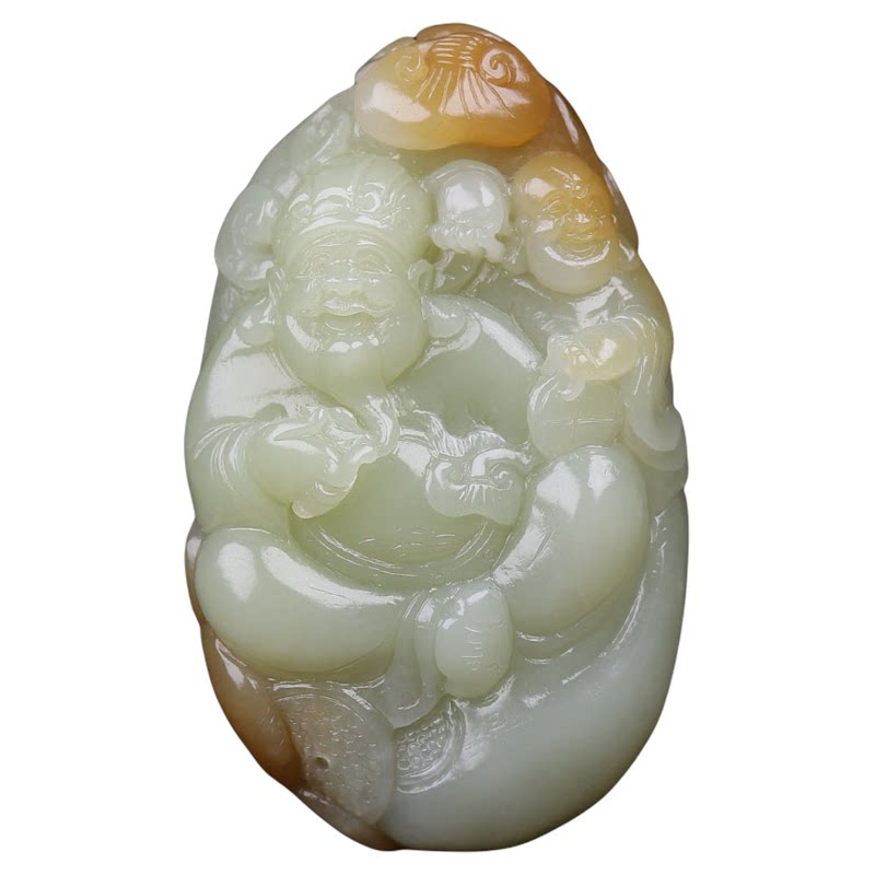(古晨珠宝)新疆和田玉且末糖白玉财神挂件玉坠吊坠招财进宝100g