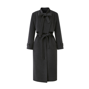 ByYou 冬季灰色百分百羊绒双面呢纯羊毛大衣女长款收腰毛呢外套