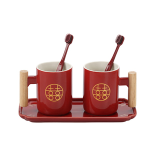 仲夏知己结婚洗漱杯套装一对新婚陪嫁情侣刷牙杯红色陶瓷漱口杯子