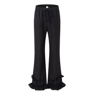 RAIVE2026春季新款女纯色长裤黑色白色裤脚花边休闲裤微喇裤子