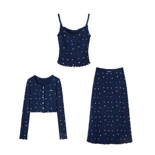 【星野流萤】Uena藏青色木耳边正肩针织开衫修身吊带半身裙套装女