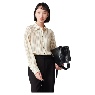 古木夕羊复古竖条纹设计长袖衬衫女秋季通勤减龄翻领印花上衣