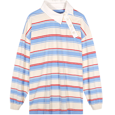 落落狷介长袖宽松条纹POLO衫女