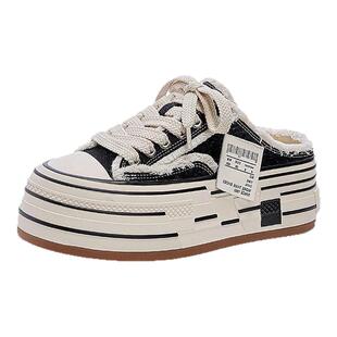 星期六厚底乞丐帆布鞋半拖女款新款夏季一脚蹬增高包头凉拖鞋