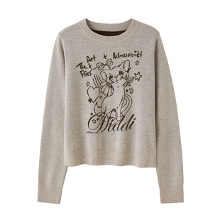 DIDDIMODA 玫瑰花卡通小猫圆领套头宽松打底衫针织毛衣秋季新款