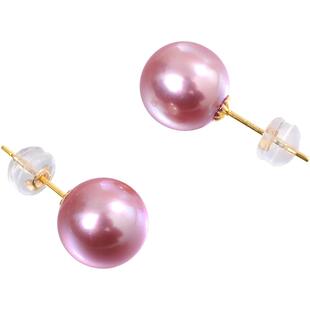 黛米珠宝 紫曦 9-10mm粉紫色正圆淡水珍珠耳钉18K金耳饰大耳环女