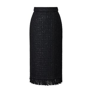 颜域小香风包臀裙女装2024新款秋冬装显瘦气质黑色毛呢半身长裙子