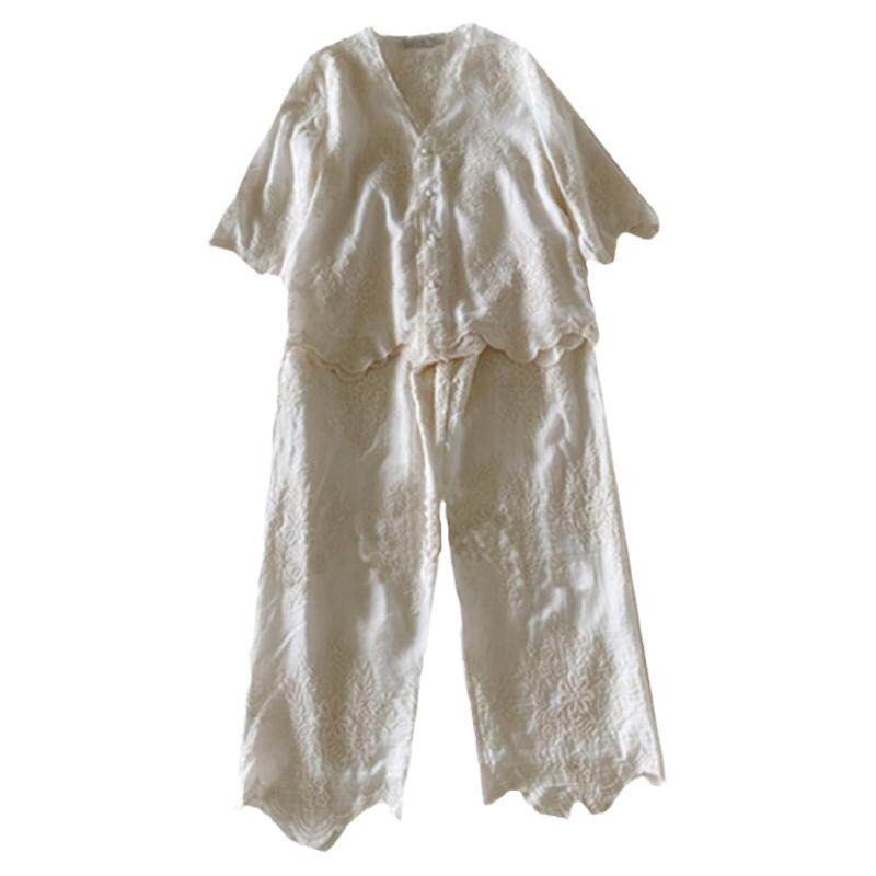 高端定制真丝绣花睡衣女七分袖长睡裤两件套家居服可外穿夏季新款
