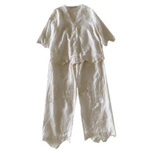 高端定制真丝绣花睡衣女七分袖长睡裤两件套家居服可外穿夏季新款