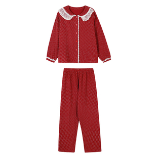 馨帮帮Homedress 红色本命年蕾丝边娃娃领碎花睡衣家居服套装女春