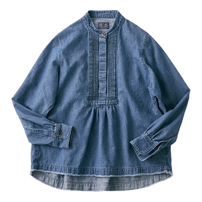 纯棉立领风琴褶半开身牛仔衬衫