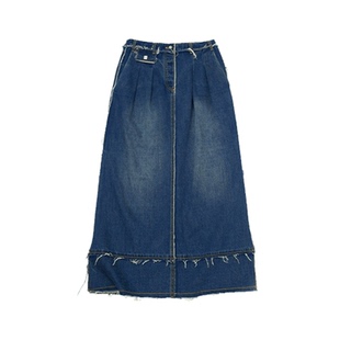 fafamoon设计师品牌 夏季百搭双开衩毛边纯色牛仔裙中长款半身裙