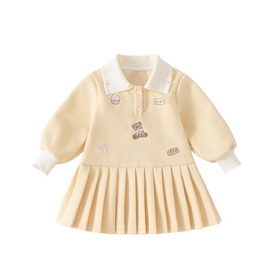 女童学院风连衣裙春季2026新款婴幼童洋气公主裙女宝长袖百褶裙子