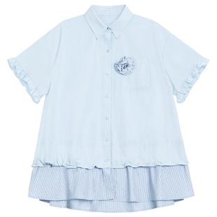 KEIKO温柔气质风蓝色拼接A字连衣裙夏季立体扎花显瘦休闲衬衫裙子