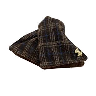 复古格纹毛呢小马三角抓夹女早春本命年贝壳鲨鱼夹后脑勺精致发夹