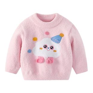 女童毛衣秋冬女宝宝加绒加厚雪尼尔半边绒上衣儿童冬季婴儿内搭冬