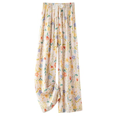 棉绸睡裤女士夏季薄款大码绵绸可外穿家居碎花长裤子直筒宽松睡衣