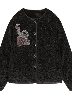 落落狷介黑色钉珠刺绣棉衣女