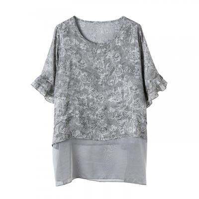 宝诗黎喇叭袖提花拼接雪纺衫