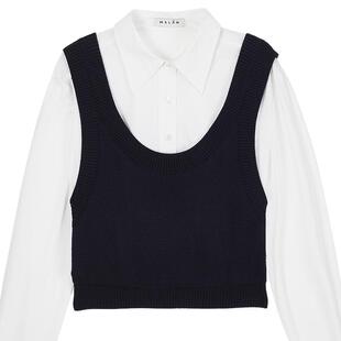 MSLAN知识分子 25秋MIU系学院风蓝色假两件针织衫马甲拼接衬衫