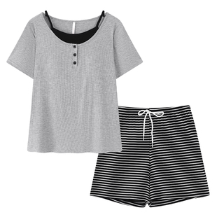 韩版条纹带胸垫睡衣女款夏季莫代尔凉感短袖可外穿家居服夏天套装