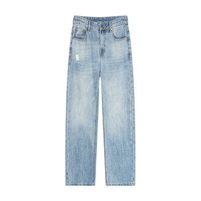 ALLIN 破洞直筒微喇牛仔裤男cleanfit秋冬美式潮牌水洗浅蓝色裤子