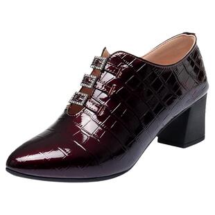 亮皮真皮女鞋酒红色中跟女士皮鞋粗跟中年妈妈单鞋软皮软底不累脚