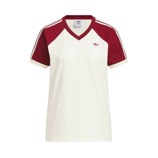 adidas阿迪达斯三叶草2025夏女经典棉质运动短袖V领T恤拼色KE6163