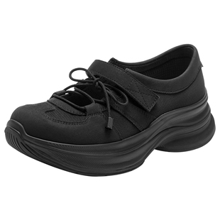 热风黑色休闲鞋女款2025年秋季新款厚底增高女鞋魔术贴百搭鞋子