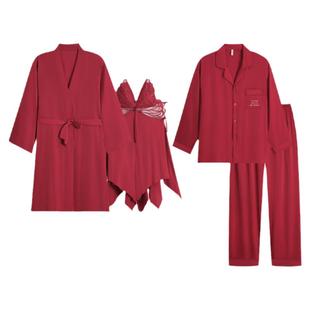 【礼盒装】情侣睡衣春夏季冰丝女新娘性感睡裙晨袍红色男结婚套装