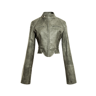 IMXS【明星同款】短款修身机车夹克复古PU皮质黑色皮衣短外套女