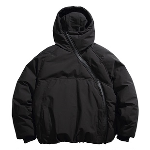 冬季设计感不规则拉链棉衣男士加厚面包服连帽情侣纯色棉服外套潮