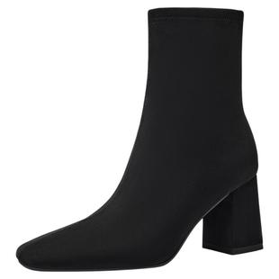 星期六绒面短靴女2025秋冬英伦方头粗跟时装靴百搭气质高跟弹力靴