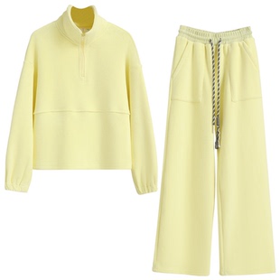 黄色运动套装女2026新款冬巨好看加绒半拉链卫衣阔腿裤休闲两件套