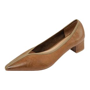 复古简约通勤高跟鞋女2026新款中粗跟真皮浅口软皮V口尖头单鞋女