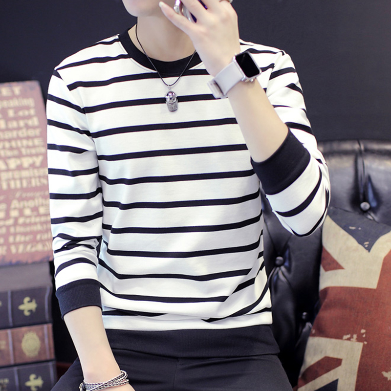 条纹长袖t恤男春秋季潮牌纯棉卫衣男士2025新款圆领青少年打底衫