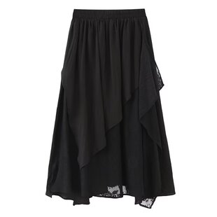 时尚蕾丝拼接中长款半身裙女大码设计感宽松显瘦不规则夏季A字裙