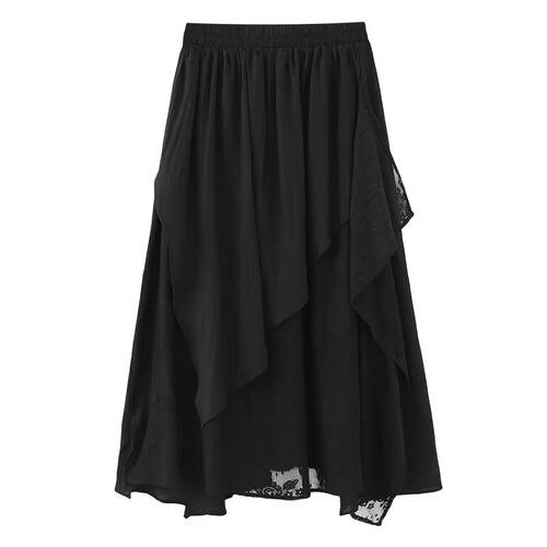 时尚蕾丝拼接中长款半身裙女大码设计感宽松显瘦不规则夏季A字裙